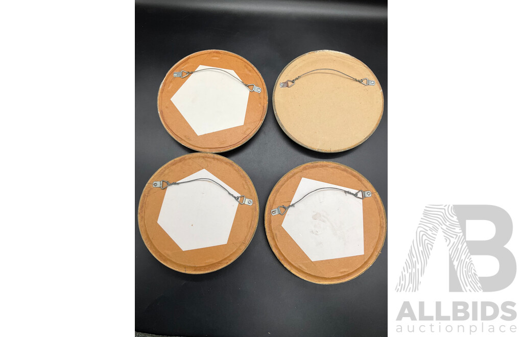 Set of 4 Bird on Branch Round Framed Art - Handpainted