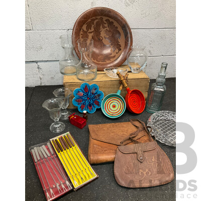 Collection of Decoration and Tableware, Two Leather Vintage Bags, Fondue Forks and More