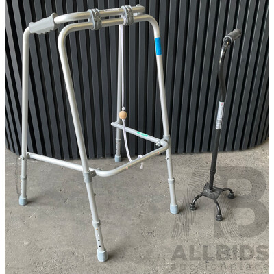 Walking Frame Folding Ball Walker Medium and Quad Stick Adjustable Small Base - Lot of 2 Walking Frame Folding Ball Walker Medium and Quad Stick Adjustable Small Base - Lot of 2