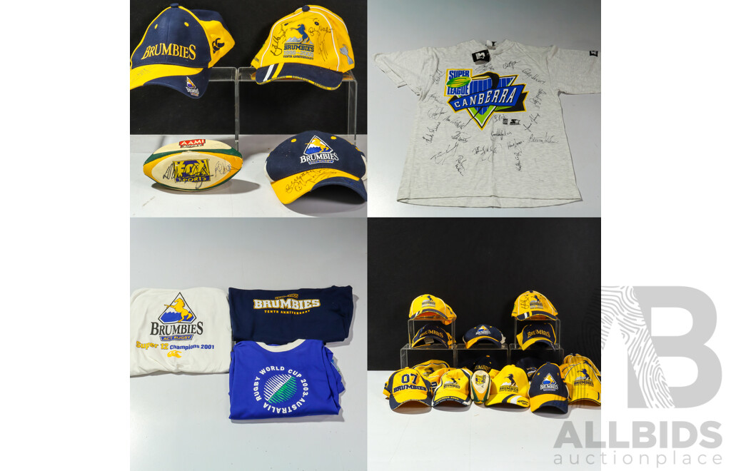 Collection of ACT Brumbies Merchandise Including Signed Hats, Signed Shirts and Rugby Ball