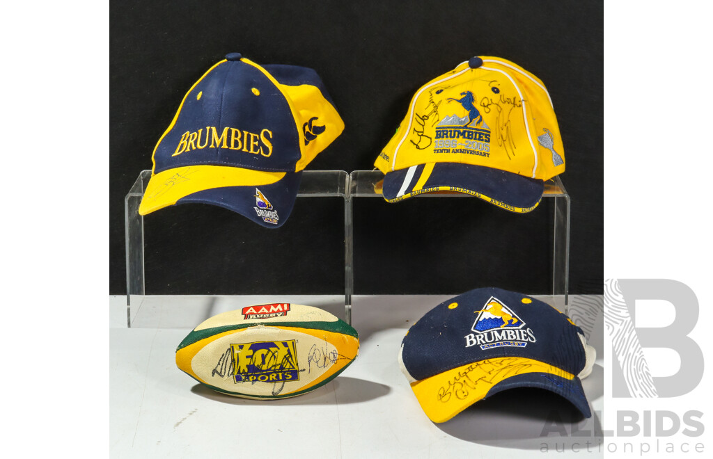 Collection of ACT Brumbies Merchandise Including Signed Hats, Signed Shirts and Rugby Ball