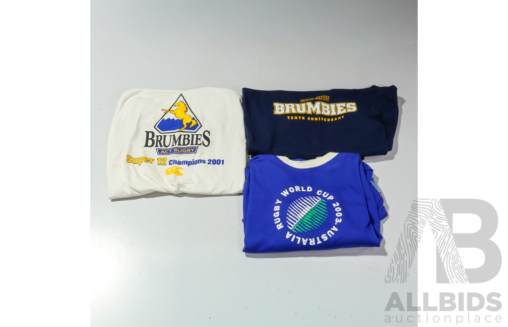 Collection of ACT Brumbies Merchandise Including Signed Hats, Signed Shirts and Rugby Ball