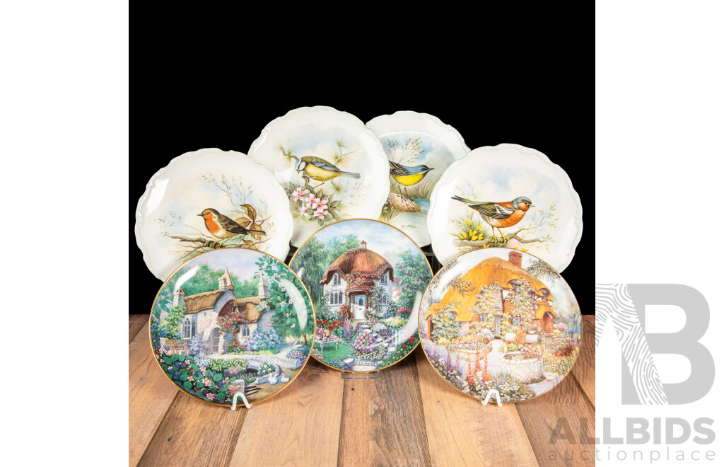 Set of Four Royal Albert Woodland Birds Collection Wall Plates with Three Lilliput Lane Plates