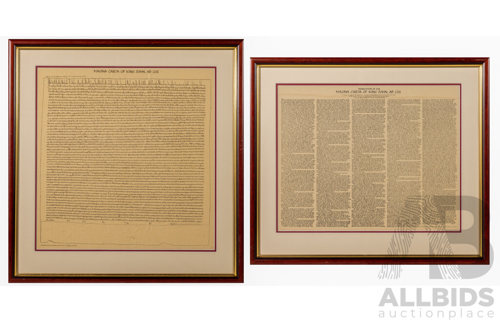 Magna Carta of King John, AD 1215, Alongside Translation of Same. Nice Pair of Modern Reproduction Prints, 57 x 55 cm (^larger frame) (2)