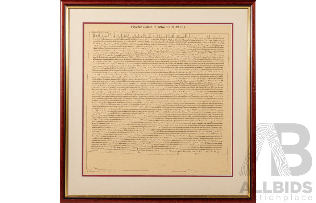 Magna Carta of King John, AD 1215, Alongside Translation of Same. Nice Pair of Modern Reproduction Prints, 57 x 55 cm (^larger frame) (2)