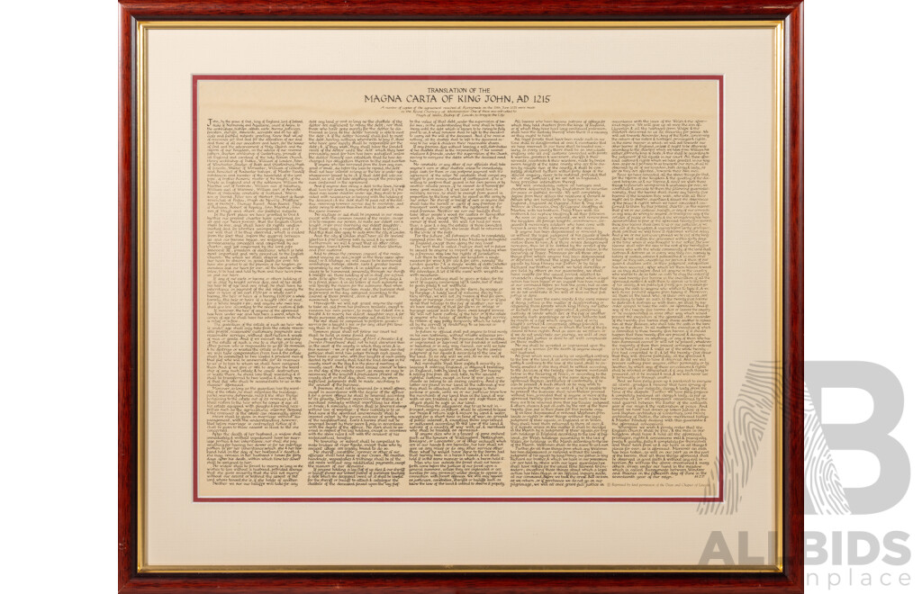 Magna Carta of King John, AD 1215, Alongside Translation of Same. Nice Pair of Modern Reproduction Prints, 57 x 55 cm (^larger frame) (2)