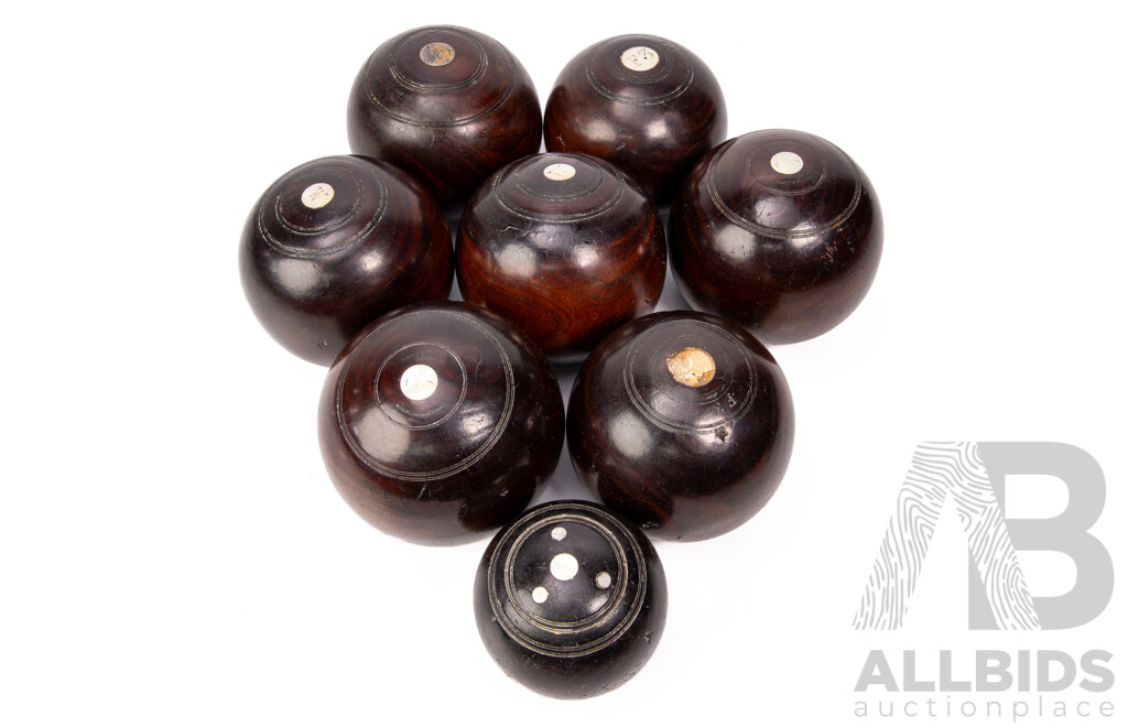 Collection of Seven Vintage Timber Lawn Bowls
