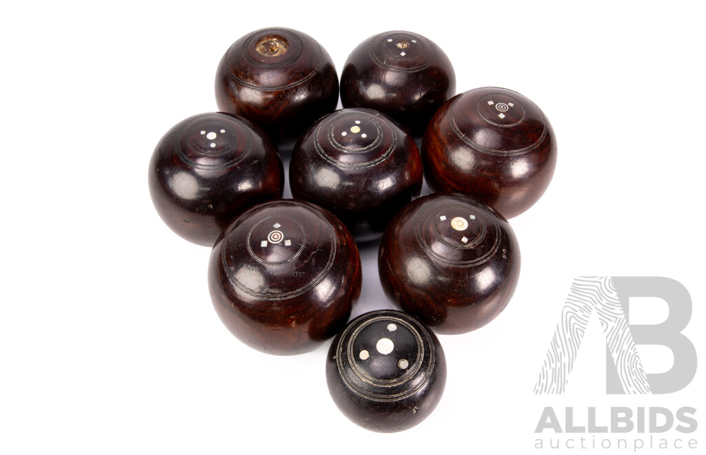 Collection of Seven Vintage Timber Lawn Bowls