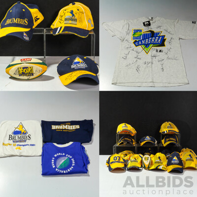 Collection of ACT Brumbies Merchandise Including Signed Hats, Signed Shirts and Rugby Ball