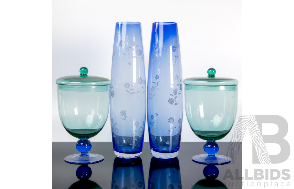 Pair of Etched Glass Vases and Two Lidded Tureens