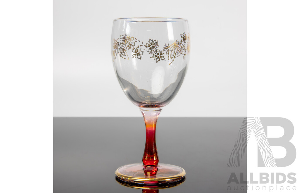 Set of Six Crown Crystal Pink with Gold Accent Wine Glasses