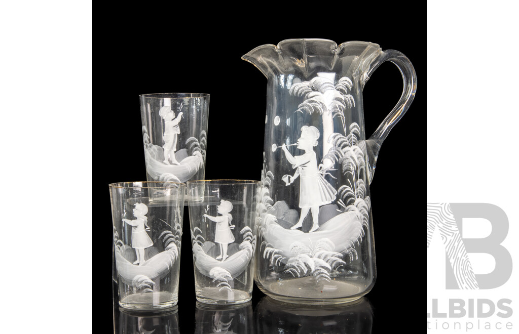 Mary Gregory Glass Pitcher and Three Tumblers