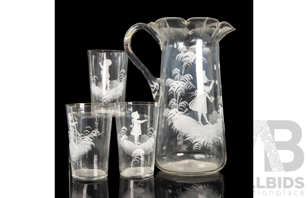 Mary Gregory Glass Pitcher and Three Tumblers