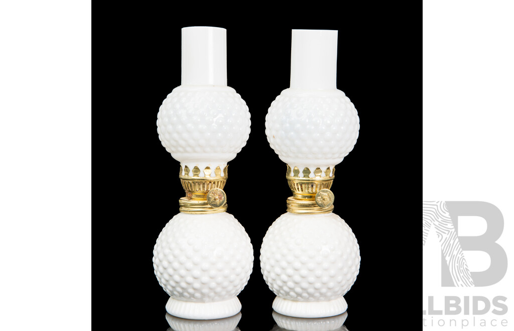 Pair of Small Milk Glass Vintage Oil Lamps