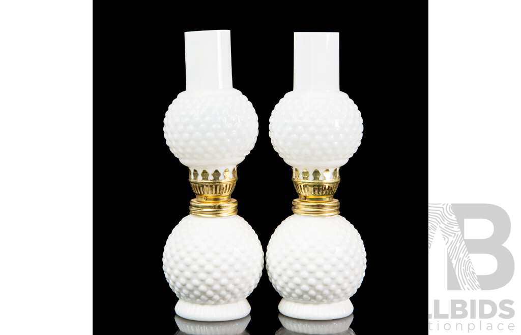 Pair of Small Milk Glass Vintage Oil Lamps