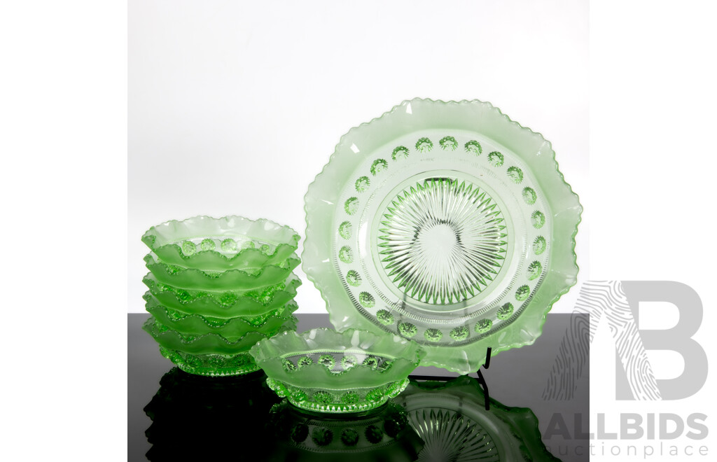 Vintage Seven Piece Green Glass Dessert Set