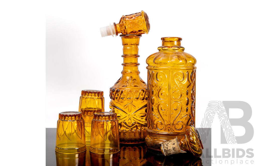 Vintage Jim Beam AMber GLass Decanter, Italian Amber Decanter and Four AMber Coloured Tumblers Marked Indonesia