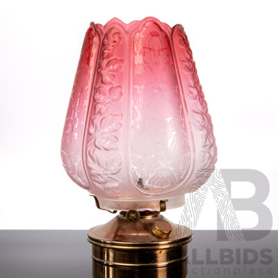 Vintage Metal Based Oil Lamp with Ruby Glass Shade