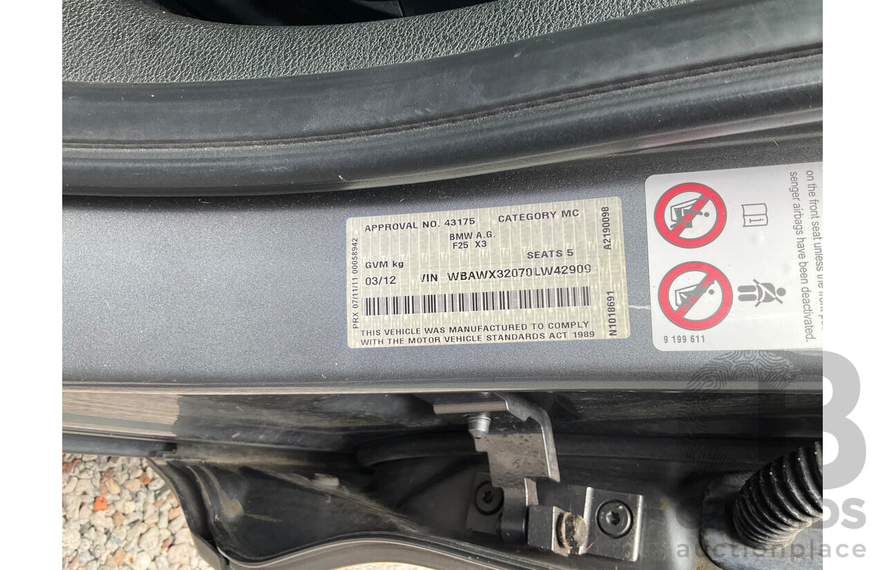 3/2012 BMW X3 xDrive20i F25 4d Wagon Space Grey Metallic Turbo 2.0L