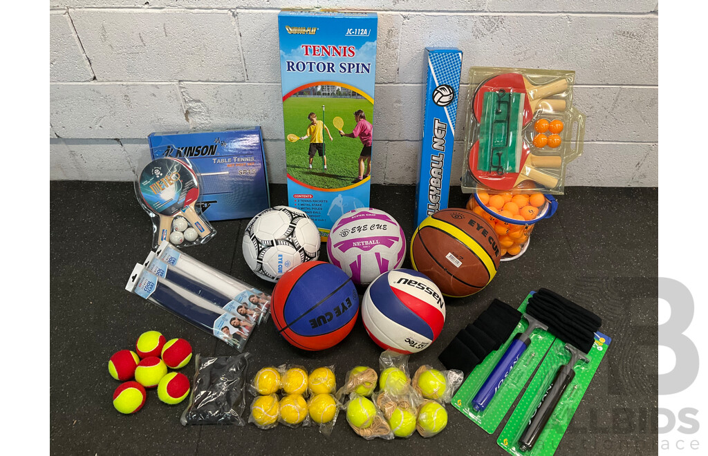 Collection of Various Sports Equipment for Tennis, Table Tennis, Volleyball, Basketball, Soccer, Including Various Balls, Tennis Rotor Spin and More - Lot of 59