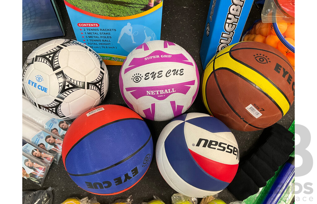 Collection of Various Sports Equipment for Tennis, Table Tennis, Volleyball, Basketball, Soccer, Including Various Balls, Tennis Rotor Spin and More - Lot of 59