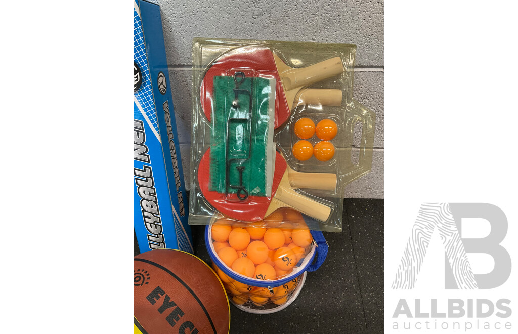 Collection of Various Sports Equipment for Tennis, Table Tennis, Volleyball, Basketball, Soccer, Including Various Balls,  Tennis Rotor Spin and More - Lot of 59