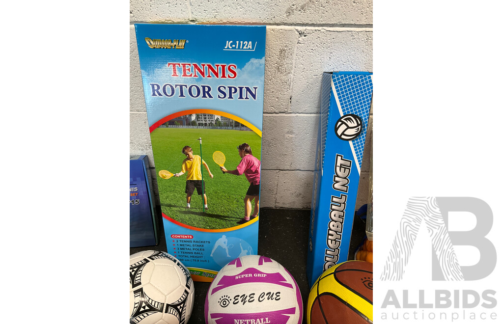 Collection of Various Sports Equipment for Tennis, Table Tennis, Volleyball, Basketball, Soccer, Including Various Balls,  Tennis Rotor Spin and More - Lot of 59