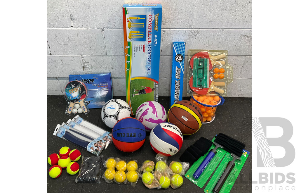 Collection of Various Sports Equipment for Tenis, Table Tenis, Volleyball, Basketball, Soccer, Including Various Balls, Cricket Set and More - Lot of 59