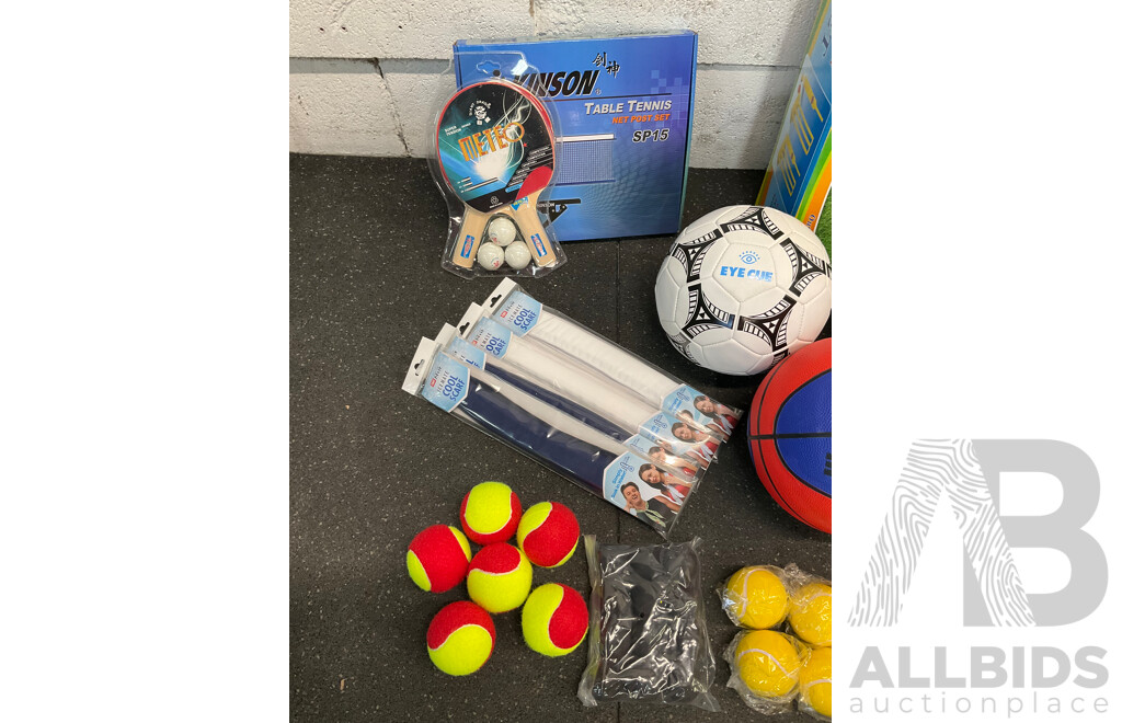Collection of Various Sports Equipment for Tenis, Table Tenis, Volleyball, Basketball, Soccer, Including Various Balls, Cricket Set and More - Lot of 59