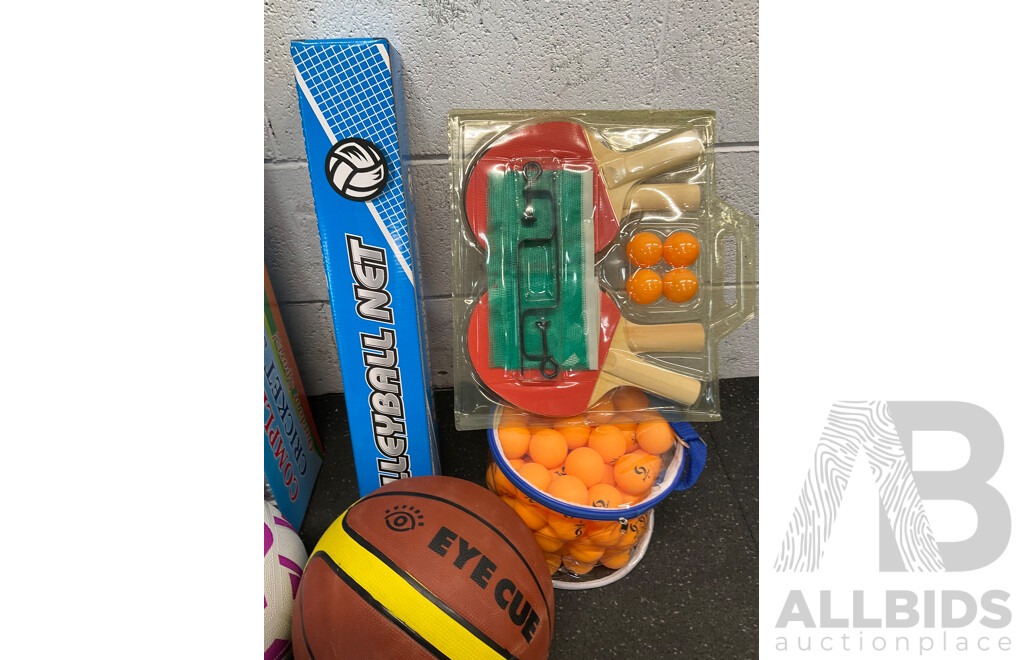 Collection of Various Sports Equipment for Tenis, Table Tenis, Volleyball, Basketball, Soccer, Including Various Balls,  Cricket Set and More - Lot of 59