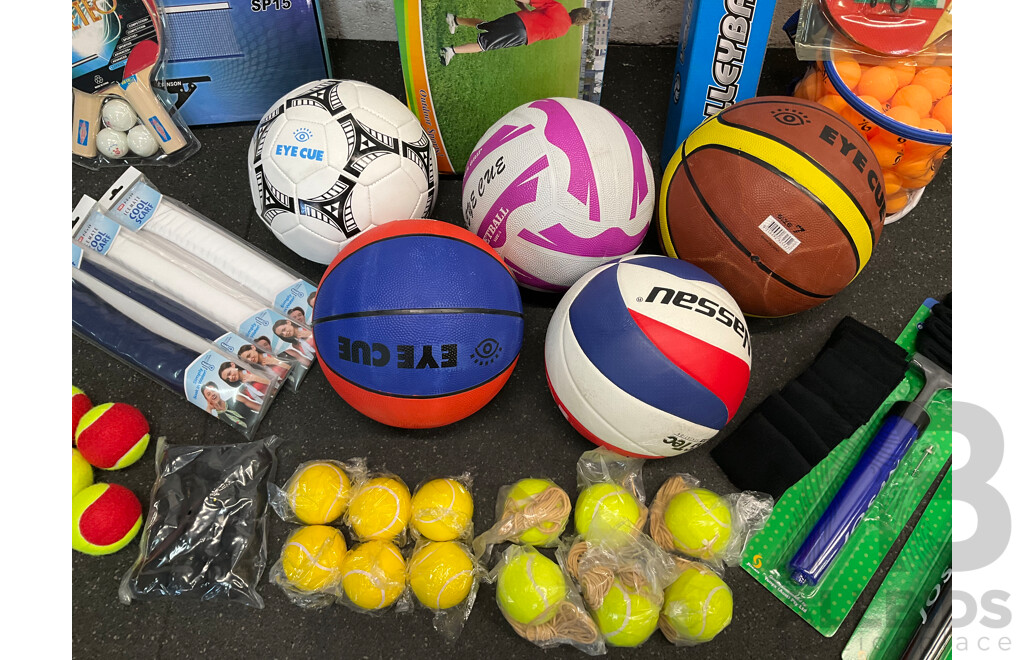Collection of Various Sports Equipment for Tenis, Table Tenis, Volleyball, Basketball, Soccer, Including Various Balls,  Cricket Set and More - Lot of 59