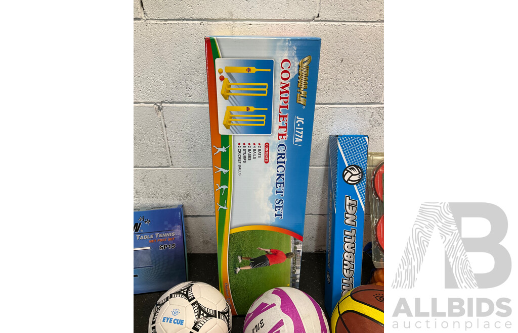 Collection of Various Sports Equipment for Tennis, Table Tennis, Volleyball, Basketball, Soccer, Including Various Balls, Cricket Set and More - Lot of 59