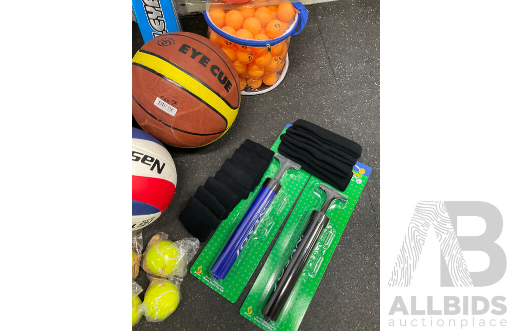 Collection of Various Sports Equipment for Tennis, Table Tennis, Volleyball, Basketball, Soccer, Including Various Balls, Cricket Set and More - Lot of 59