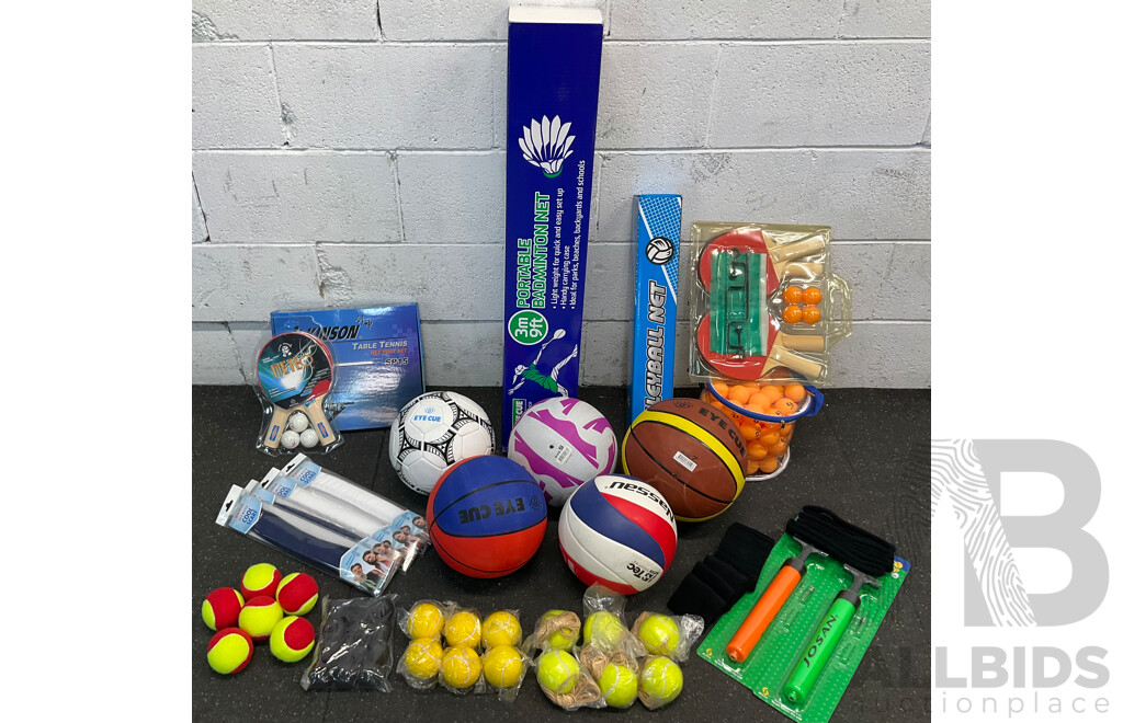 Collection of Various Sports Equipment for Tenis, Table Tenis, Volleyball, Basketball, Soccer, Including Various Balls, Portable Badminton Net and More - Lot of 59