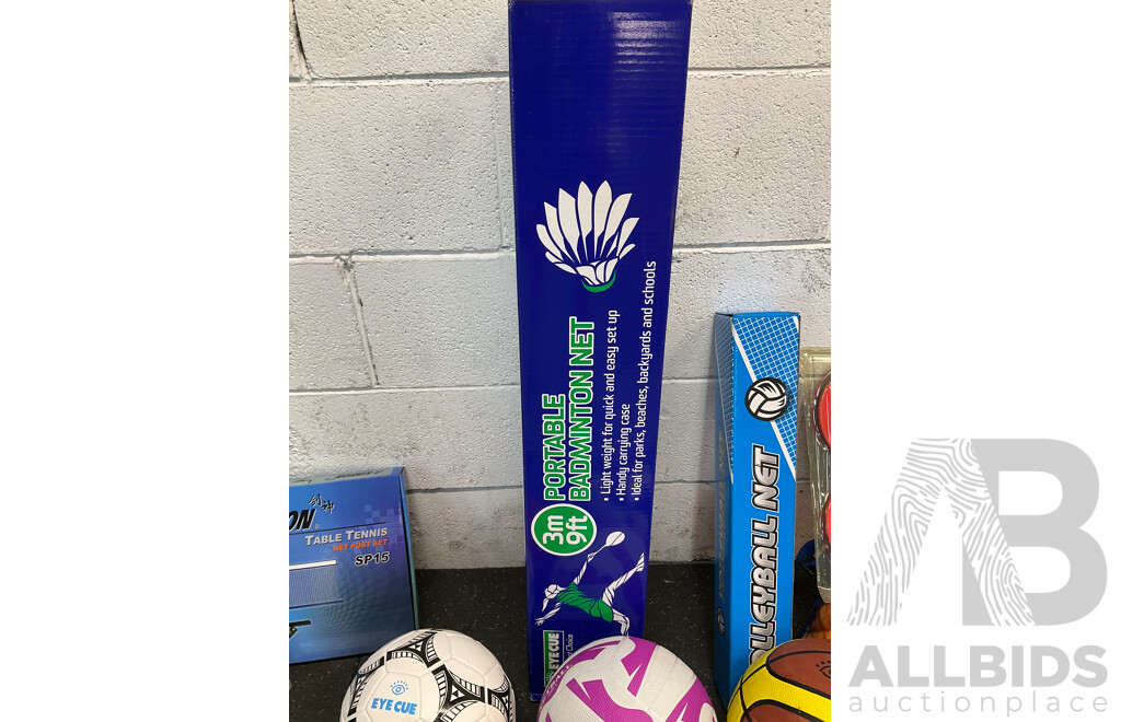 Collection of Various Sports Equipment for Tenis, Table Tenis, Volleyball, Basketball, Soccer, Including Various Balls, Portable Badminton Net and More - Lot of 59