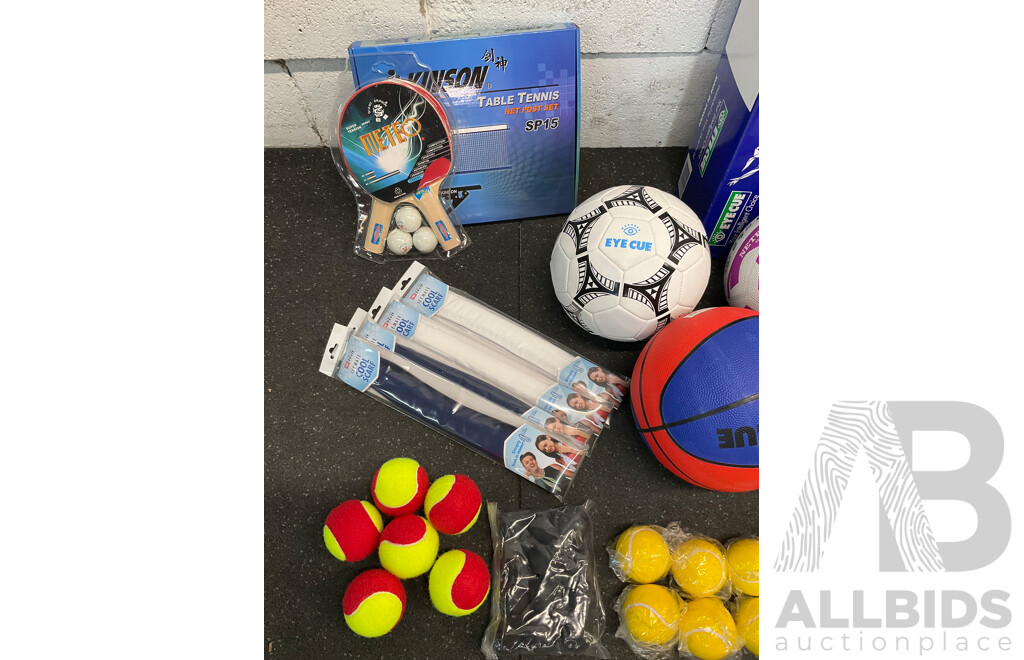 Collection of Various Sports Equipment for Tenis, Table Tenis, Volleyball, Basketball, Soccer, Including Various Balls, Portable Badminton Net and More - Lot of 59
