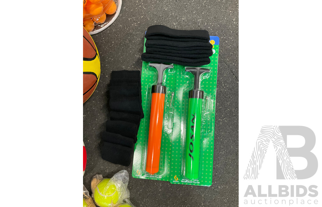 Collection of Various Sports Equipment for Tenis, Table Tenis, Volleyball, Basketball, Soccer, Including Various Balls, Portable Badminton Net and More - Lot of 59