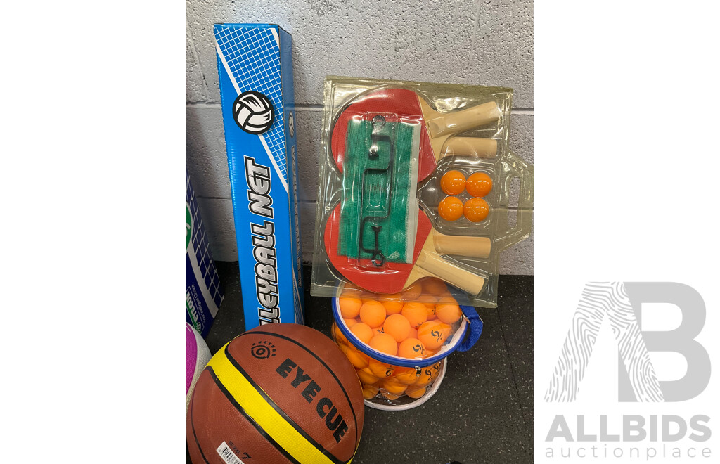Collection of Various Sports Equipment for Tenis, Table Tenis, Volleyball, Basketball, Soccer, Including Various Balls,  Portable Badminton Net and More - Lot of 59