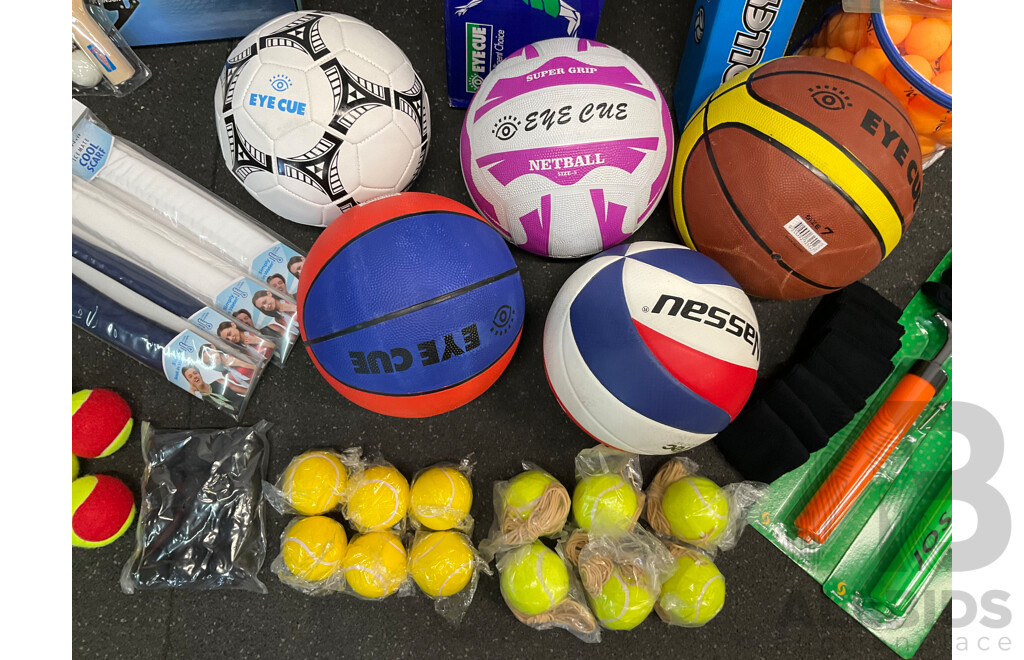 Collection of Various Sports Equipment for Tenis, Table Tenis, Volleyball, Basketball, Soccer, Including Various Balls,  Portable Badminton Net and More - Lot of 59