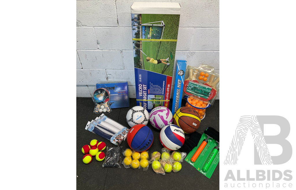 Collection of Various Sports Equipment for Tenis, Table Tenis, Volleyball, Basketball, Soccer, Including Various Balls, Velcro Golf Target Set and More - Lot of 59