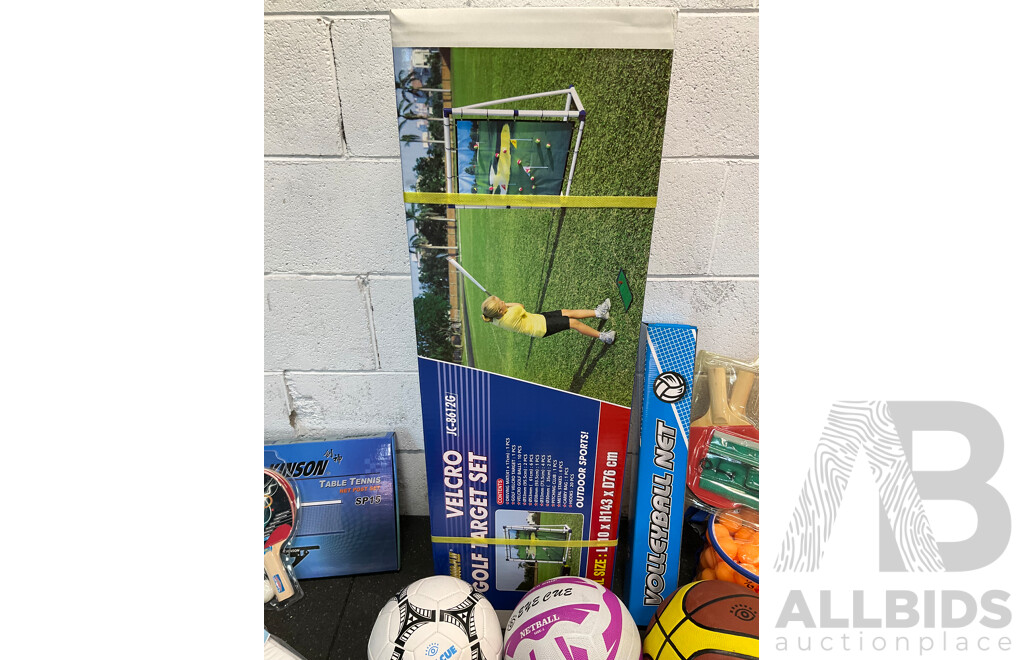 Collection of Various Sports Equipment for Tenis, Table Tenis, Volleyball, Basketball, Soccer, Including Various Balls, Velcro Golf Target Set and More - Lot of 59