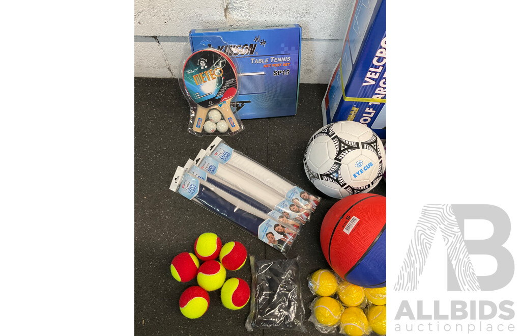 Collection of Various Sports Equipment for Tenis, Table Tenis, Volleyball, Basketball, Soccer, Including Various Balls, Velcro Golf Target Set and More - Lot of 59
