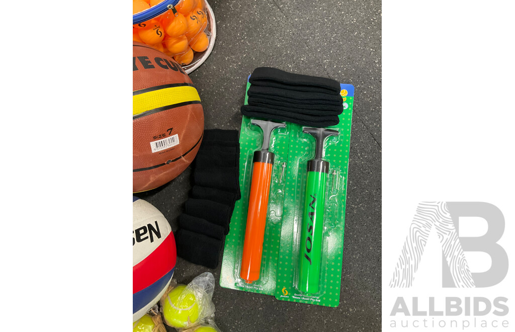 Collection of Various Sports Equipment for Tenis, Table Tenis, Volleyball, Basketball, Soccer, Including Various Balls, Velcro Golf Target Set and More - Lot of 59