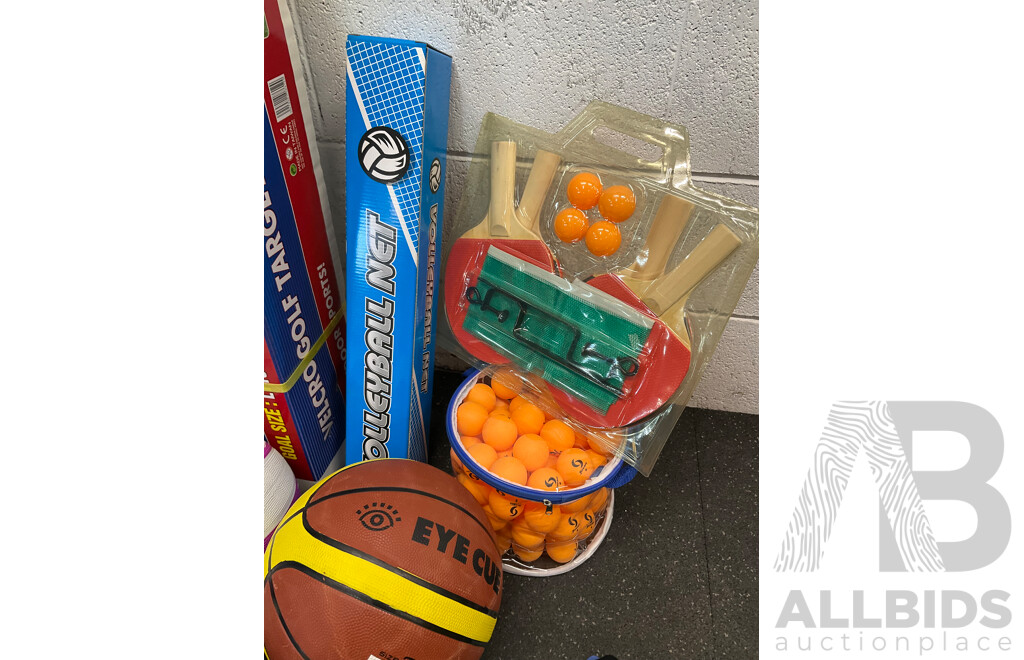 Collection of Various Sports Equipment for Tenis, Table Tenis, Volleyball, Basketball, Soccer, Including Various Balls, Velcro Golf Target Set and More - Lot of 59