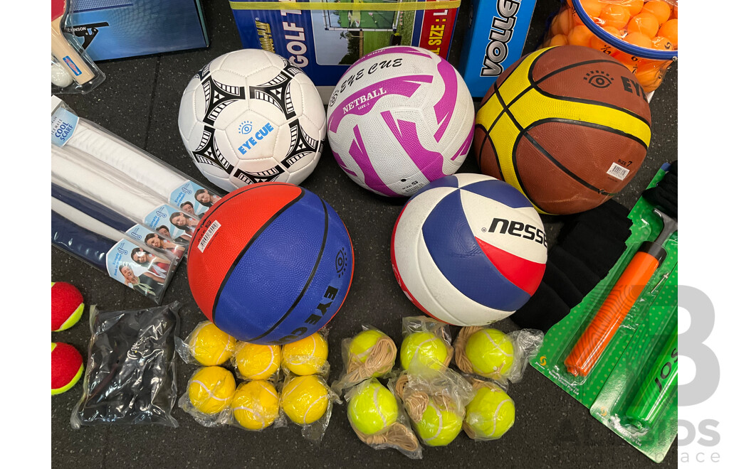 Collection of Various Sports Equipment for Tenis, Table Tenis, Volleyball, Basketball, Soccer, Including Various Balls, Velcro Golf Target Set and More - Lot of 59