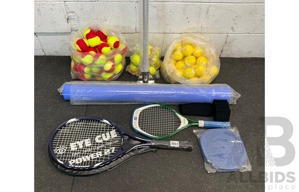 Collection of Sports Equipment for Tenis, Including Court Dry Roller, Tennis Racquets, Trainning Balls and More - Lot of 124