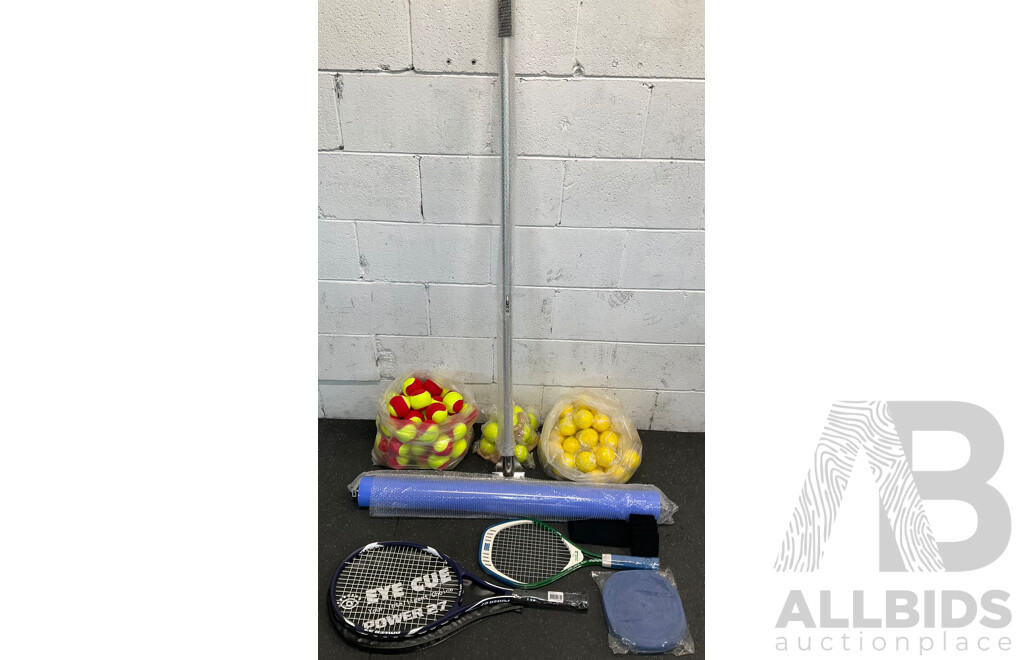 Collection of Sports Equipment for Tenis, Including Court Dry Roller, Tennis Racquets, Trainning Balls and More - Lot of 124