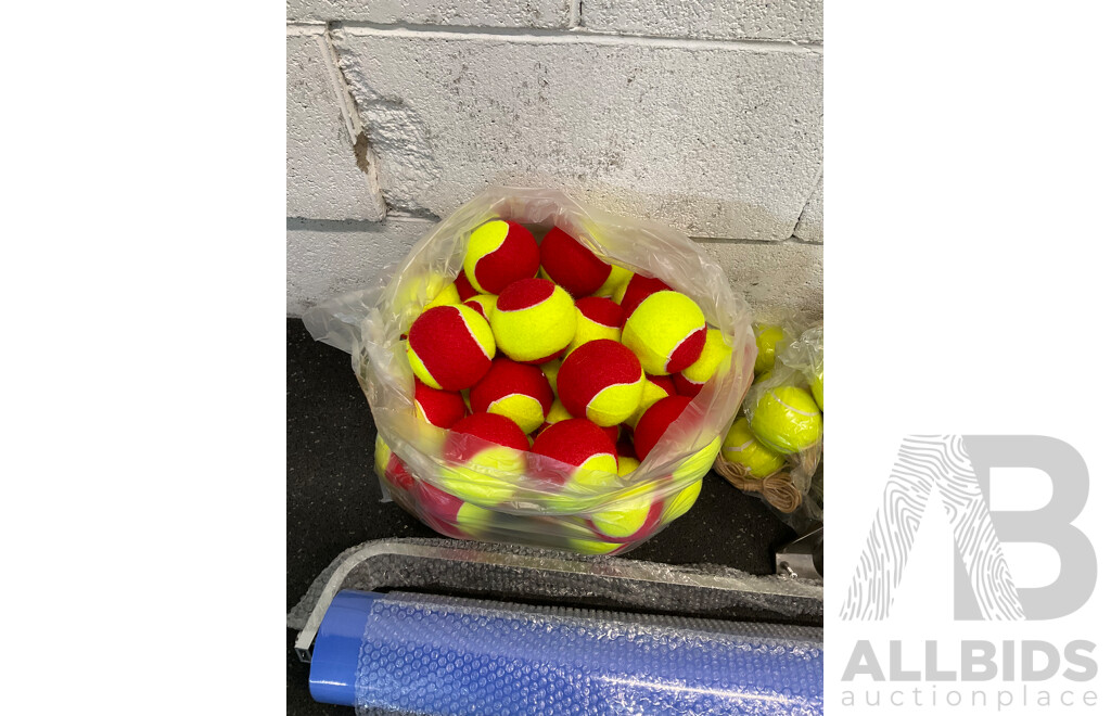 Collection of Sports Equipment for Tenis, Including Court Dry Roller, Tennis Racquets, Trainning Balls and More - Lot of 124