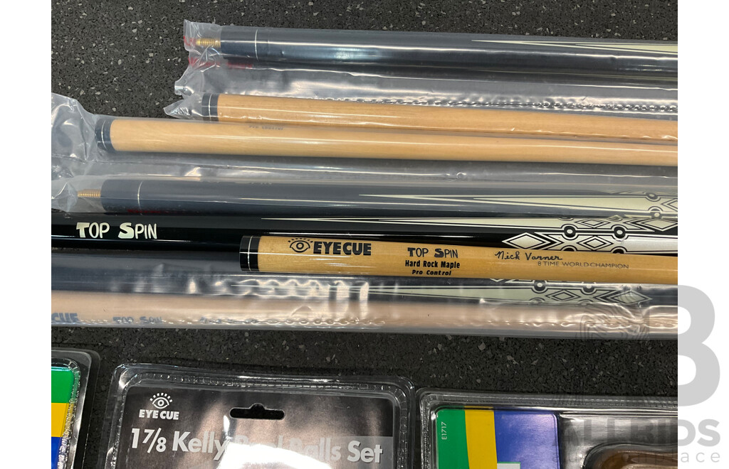 Assorted Billiard Equipment, Including Top Spin Nick Varner Cue (6x) and More  - Lot of 13