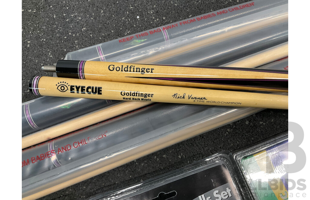 Assorted Billiard Equipment, Including Goldfinger Nick Varner Cue (6x) and More  - Lot of 13
